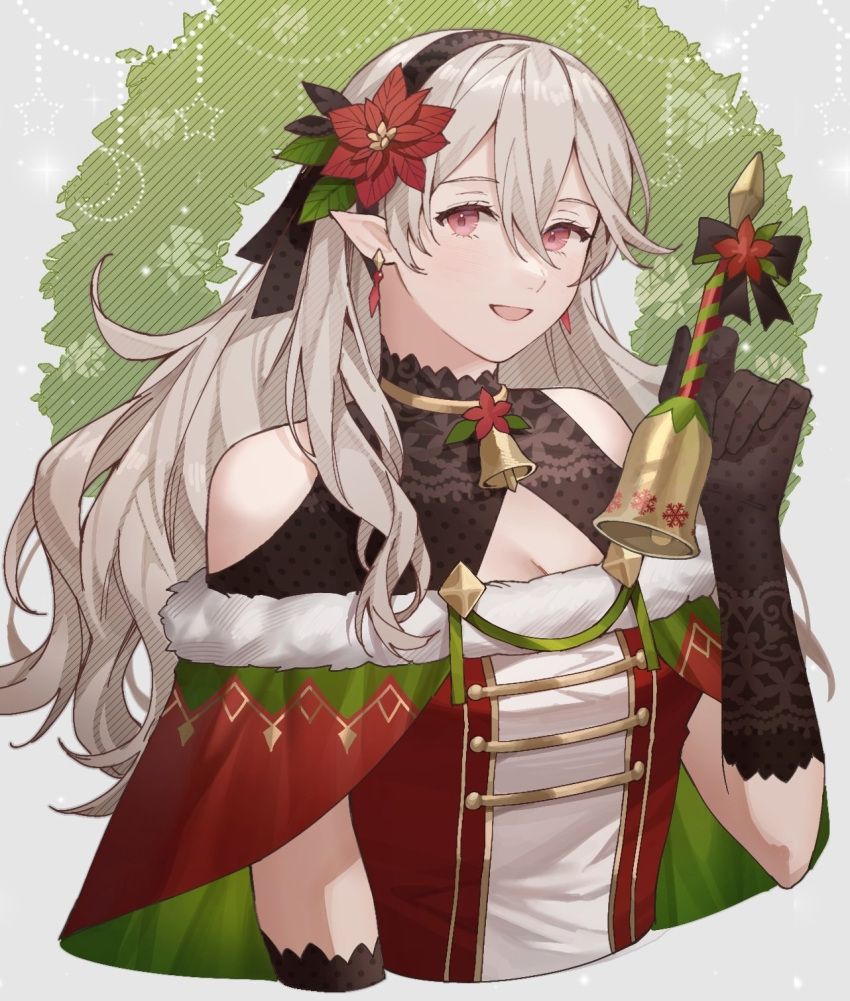 1girl ai_tkkm alternate_costume bare_shoulders bell black_gloves black_hairband christmas clothing_cutout commentary corrin_(female)_(fire_emblem) corrin_(fire_emblem) dress earrings english_commentary fire_emblem fire_emblem_fates flower gloves grey_hair hair_between_eyes hair_flower hair_ornament hairband highres holding holding_bell jewelry long_hair looking_at_viewer open_mouth pointy_ears red_dress red_eyes red_flower shoulder_cutout smile solo