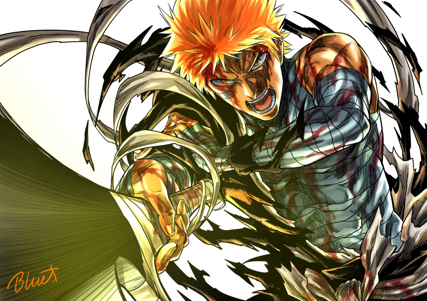 1boy bandage_on_face bandaged_arm bandaged_chest bandaged_torso bandages bleach blood blood_on_arm blood_on_bandages blood_on_face blood_on_hands buru-dai covered_abs dutch_angle glowing hand_on_own_arm highres holding holding_sword holding_weapon kubo_tite_(style) kurosaki_ichigo male_focus obi open_mouth orange_eyes orange_hair pointing_weapon sash shirt shouting signature single_bare_shoulder solo spiked_hair sword torn_clothes torn_shirt upper_body weapon white_background zangetsu_(shikai) zanpakutou