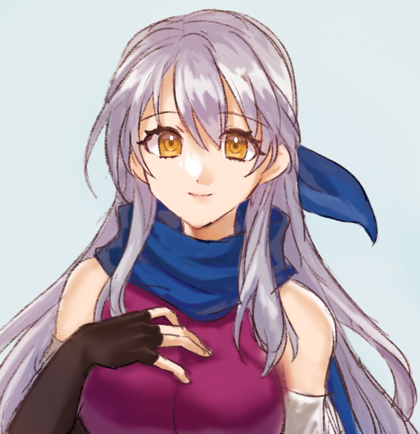 1girl black_gloves blue_background blue_scarf commentary_request dress fingerless_gloves fire_emblem fire_emblem:_radiant_dawn gloves grey_hair hand_on_own_chest hazuki_(nyorosuke) highres long_hair looking_at_viewer micaiah_(fire_emblem) purple_dress scarf simple_background sleeveless sleeveless_dress smile solo upper_body very_long_hair yellow_eyes