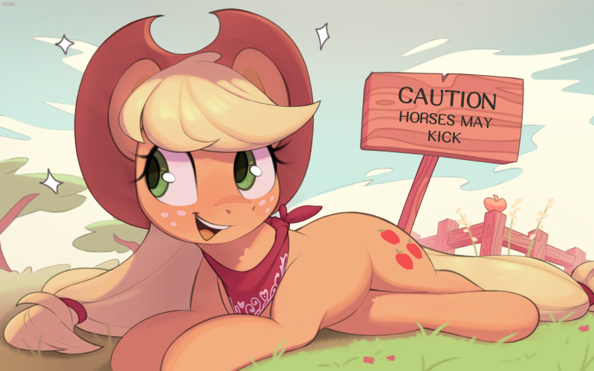 applejack_(mlp) bandanna blonde_hair clothing cowboy_hat cutie_mark day earth_pony english_text equid equine female feral freckles friendship_is_magic grass green_eyes hair hasbro hat headgear headwear hi_res hooves horse kerchief long_hair mammal my_little_pony nookprint open_mouth orange_body outside plant pony quadruped solo tail teeth text tongue yellow_tail
