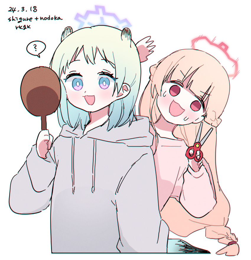 2girls animal_ears blonde_hair blue_archive braid green_hair grey_hoodie halo highres holding holding_scissors hood hoodie long_hair long_sleeves medium_hair multiple_girls nodoka_(blue_archive) pink_shirt purple_eyes purple_halo red_eyes red_halo scissors shigure_(blue_archive) shirt simple_background tail tamago_bororo weasel_ears weasel_tail white_background