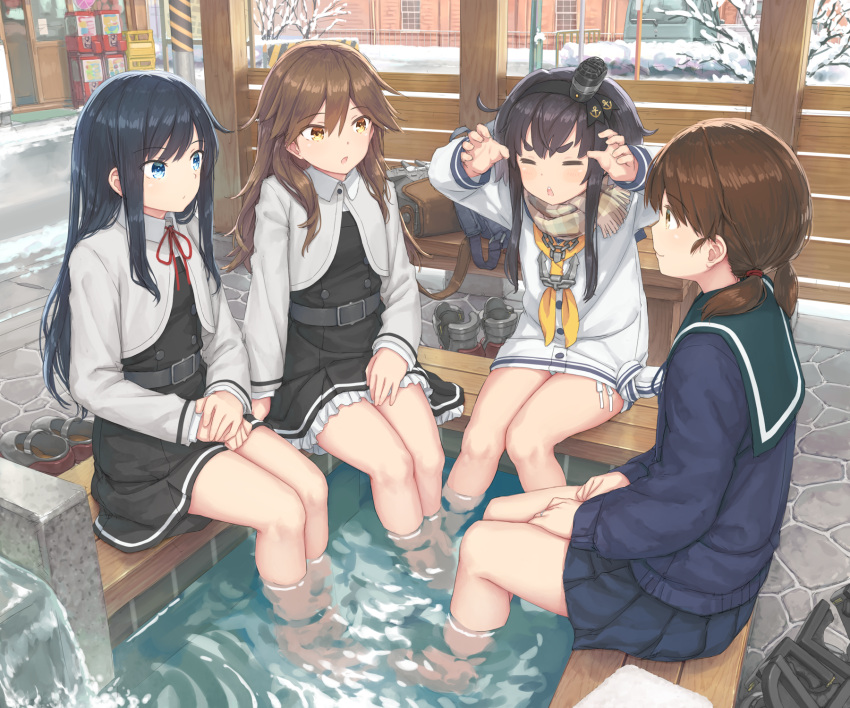 4girls :&lt; =_= anchor_necklace arashio_(kancolle) armored_boots asashio_(kancolle) asashio_kai_ni_(kancolle) barefoot bench black_dress black_hair black_hairband blue_eyes blue_skirt blue_sweater boots brown_eyes brown_hair brown_scarf bush city claw_pose closed_eyes closed_mouth commentary dress expressionless fence foot_bath gashapon green_sailor_collar hair_between_eyes hair_over_shoulder hairband hands_on_lap hands_up hat hayashi_naoharu highres jewelry kantai_collection long_hair looking_at_another mini_hat multiple_girls neckerchief necklace on_bench open_mouth outdoors own_hands_together panties pantyshot partially_submerged pleated_skirt railing ring road sailor_collar scarf school_uniform serafuku shirayuki_(kancolle) shoes short_hair short_hair_with_long_locks shrug_(clothing) sidelocks sidewalk sitting skirt snow stone_floor street street_gutter sweater talking teeth thick_eyebrows tokitsukaze_(kancolle) tree twintails underwear unworn_footwear upper_teeth_only utility_pole uwabaki v-shaped_eyebrows water waterfall wedding_ring white_dress white_panties white_shrug winter wooden_fence yellow_neckerchief