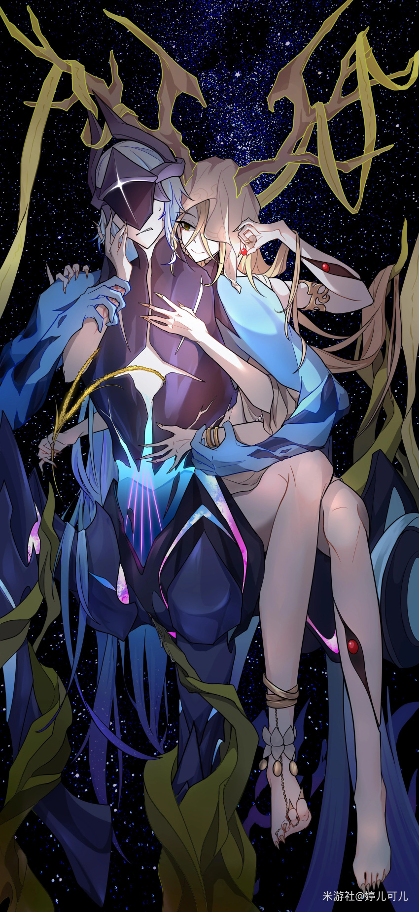 2others absurdres androgynous anklet antlers armlet armor artist_request black_armor blonde_hair blue_hair blue_skin bracelet centaur colored_skin extra_arms fingernails green_eyes highres holding honkai:_star_rail honkai_(series) horns jewelry lan_(honkai:_star_rail) long_hair looking_at_another multiple_others one_eye_covered sharp_fingernails sharp_toenails sky space star_(sky) starry_sky taur third-party_source toenails tree_horns veil white_skin yaoshi_(honkai:_star_rail)