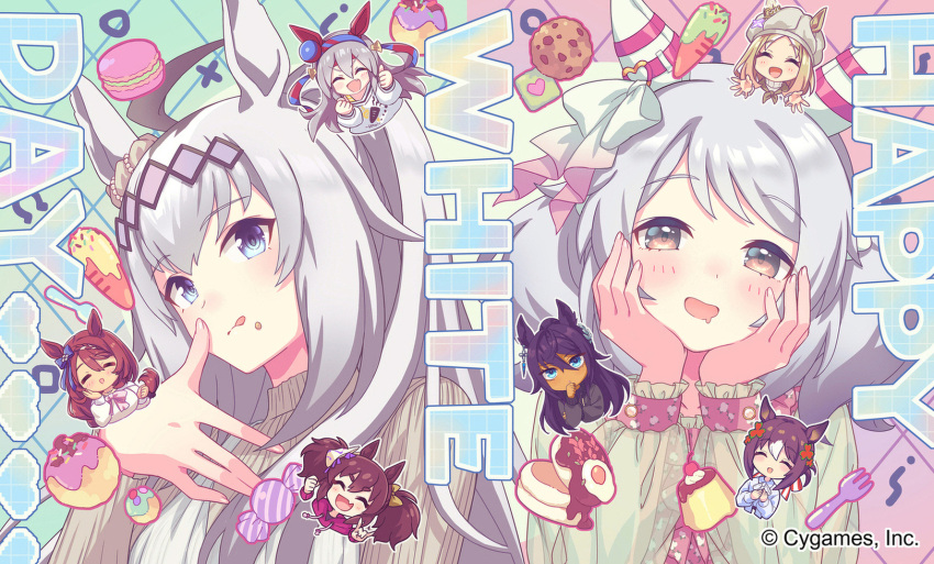 6+girls ^_^ ahoge alternate_hairstyle animal_ears blue_eyes brown_eyes brown_hair candy carrot casual chibi closed_eyes drooling ear_covers ear_scrunchie ears_through_headwear fang fine_motion_(umamusume) food fork fox_mask grey_hair grey_scrunchie hair_between_eyes hairband highres hishi_miracle_(umamusume) horse_ears horse_girl inari_one_(umamusume) long_hair looking_at_viewer macaron mask mask_on_head medium_hair mouth_drool multiple_girls narita_top_road_(umamusume) official_art oguri_cap_(umamusume) pudding scrunchie skin_fang super_creek_(umamusume) symboli_kris_s_(umamusume) takoyaki tamamo_cross_(umamusume) twintails umamusume upper_body white_day