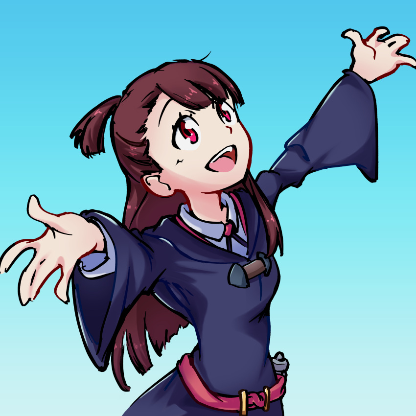 1girl :d \o/ absurdres arms_up asymmetrical_bangs brown_hair daemonzdz highres kagari_atsuko little_witch_academia long_hair looking_up outstretched_arms red_eyes school_uniform simple_background smile solo teeth upper_teeth_only wand witch