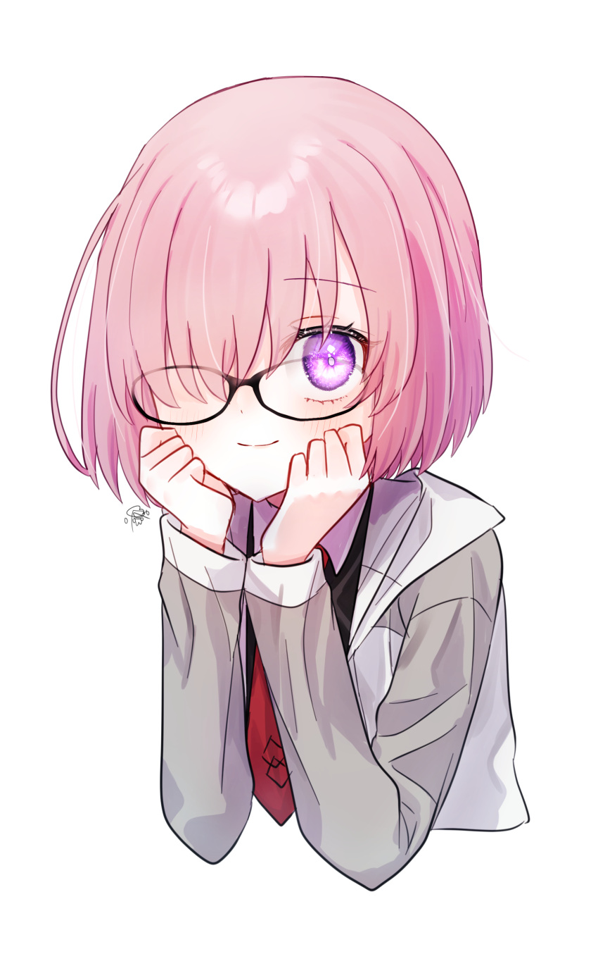 1girl absurdres black-framed_eyewear black_shirt blush closed_mouth cropped_torso fate/grand_order fate_(series) glasses grey_sleeves hair_over_one_eye harukappa highres jacket long_sleeves looking_at_viewer mash_kyrielight medium_hair necktie pink_eyes pink_hair print_necktie raglan_sleeves red_necktie shirt signature simple_background smile solo straight_hair upper_body white_background white_jacket wing_collar