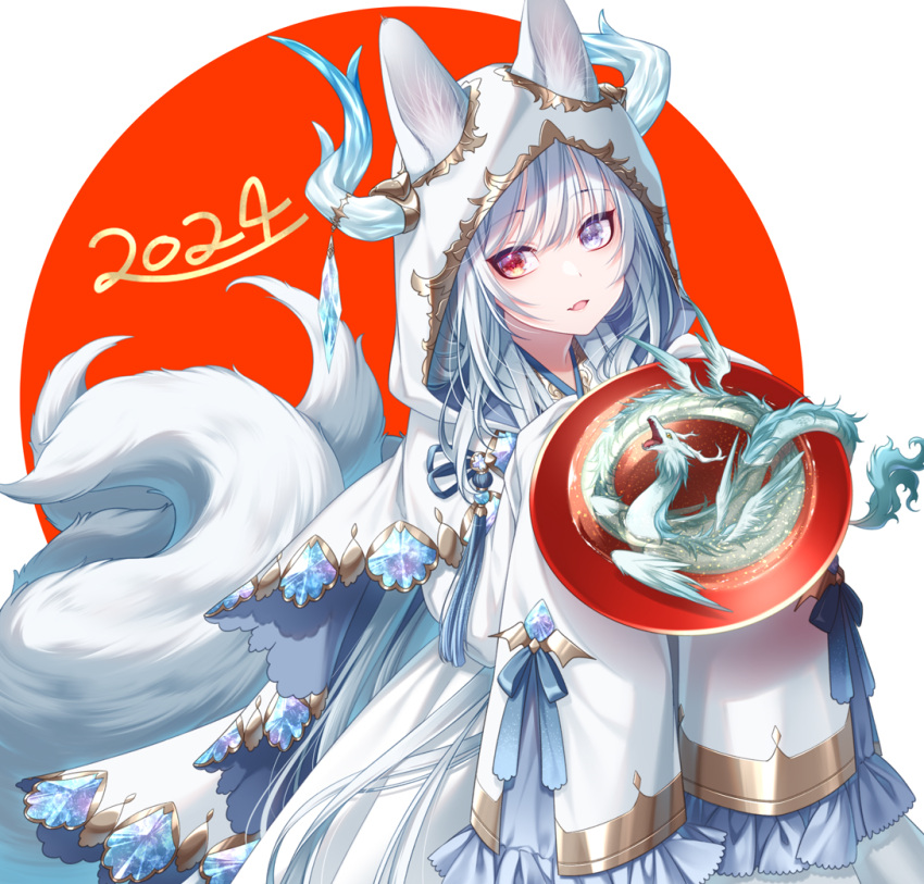 1girl 2024 :d animal_ears blue_eyes cape chinese_zodiac cup dragon dress ears_through_hood eastern_dragon embroidered_dress fang fox_ears fox_girl fox_tail grey_hair heterochromia hood hood_up hooded_cape long_hair long_sleeves looking_at_viewer mini_dragon multiple_tails open_mouth original red_eyes sagami_rin sakazuki skin_fang sleeves_past_fingers sleeves_past_wrists smile tail white_cape white_dress wide_sleeves year_of_the_dragon