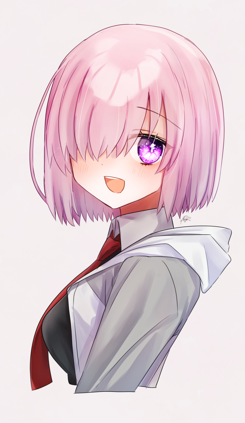 1girl :d absurdres blush cropped_arms cropped_torso fate/grand_order fate_(series) from_side grey_sleeves harukappa highres hood hood_down hooded_jacket jacket looking_at_viewer mash_kyrielight necktie open_clothes open_jacket open_mouth pink_hair purple_eyes raglan_sleeves red_necktie short_hair signature simple_background smile solo straight_hair upper_body white_background white_jacket