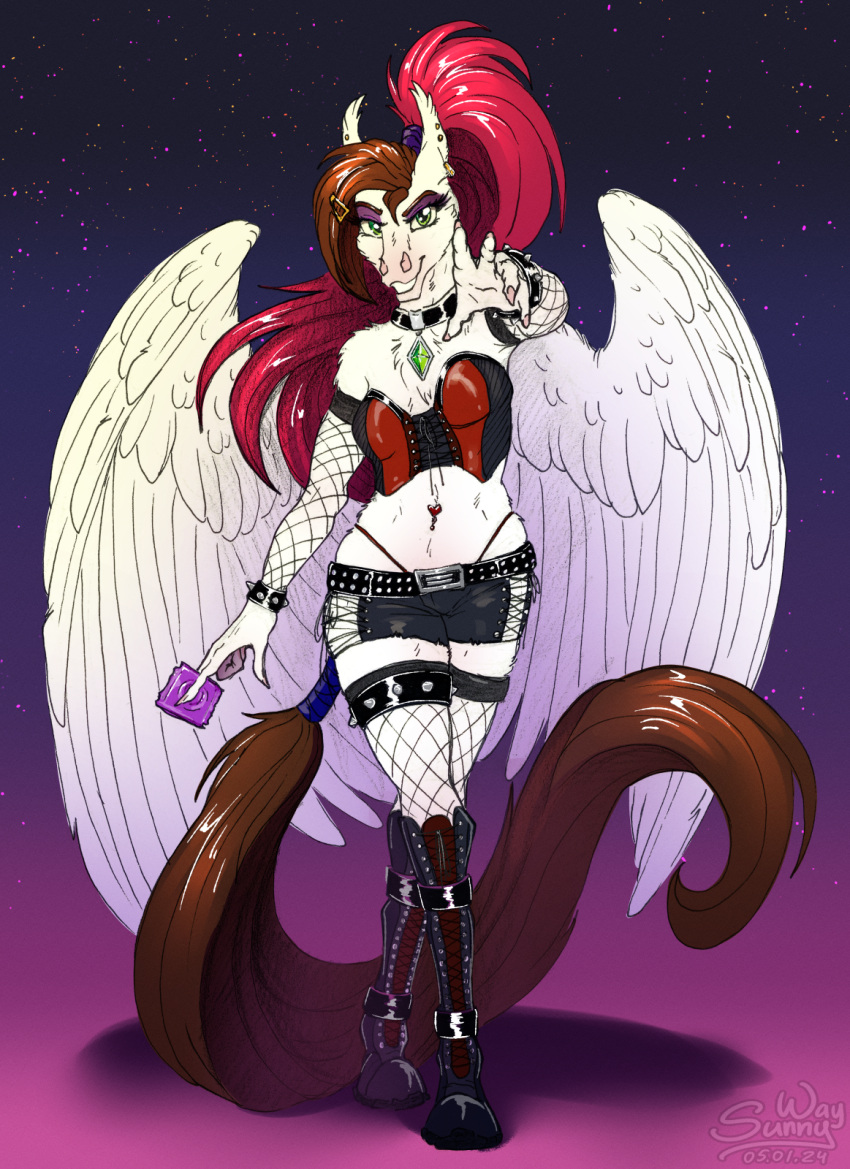 anthro anthro_horse boots clothed clothing collar condom corset costume digital_media_(artwork) equid equine female footwear heat_(disambiguation) hi_res horse hungry invalid_tag legwear lingerie makeup mammal mine mythological_creature mythological_equine mythology pegasus sexual_barrier_device solo stockings sunny_way topwear whorse wings