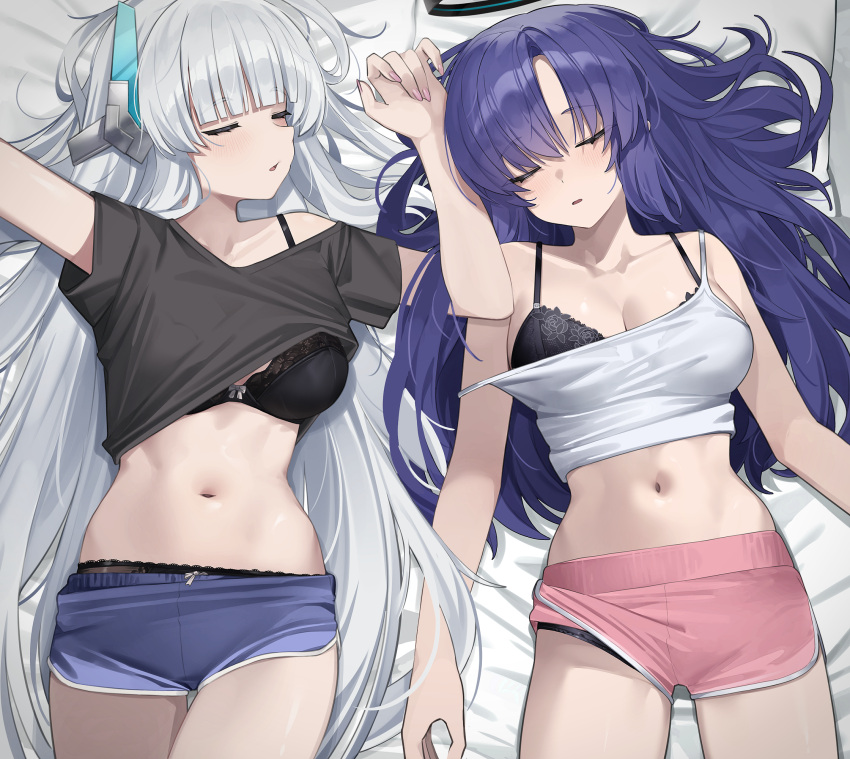 1girl 2girls alternate_costume arms_up black_bra black_panties black_shirt blue_archive blue_shorts blunt_bangs blush bra bra_peek breasts camisole cleavage closed_eyes clothes_lift collarbone cowboy_shot dolphin_shorts facing_to_the_side from_above headphones highres large_breasts legs_together long_hair lying midriff multiple_girls navel noa_(blue_archive) on_back on_bed open_mouth panties panty_peek pink_shorts purple_hair shirt shirt_lift short_shorts short_sleeves shorts sleeping solo spaghetti_strap stomach straight_hair strap_slip t-shirt thigh_gap underwear wakamepiza white_camisole white_hair yuuka_(blue_archive)
