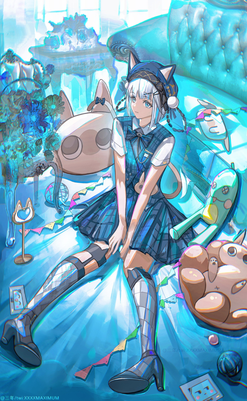 1girl absurdres animal_ear_headwear animal_ears artist_name bambinata_(punishing:_gray_raven) beret black_hair blue_bow blue_bowtie blue_eyes blue_jacket blue_sky bow bowtie braided_hair_rings cat_ears cat_tail chair checkered_bow checkered_bowtie checkered_clothes checkered_jacket checkered_skirt couch hair_ornament hairclip hat high_heels highres jacket multicolored_hair official_alternate_costume on_floor parted_lips punishing:_gray_raven sannen_(wuuk5423) shirt short_sleeves skirt sky sleeveless sleeveless_jacket solo stuffed_animal stuffed_cat stuffed_frog stuffed_toy tail tail_bow tail_ornament thighhighs twitter_username two-tone_hair white_hair white_shirt x_hair_ornament