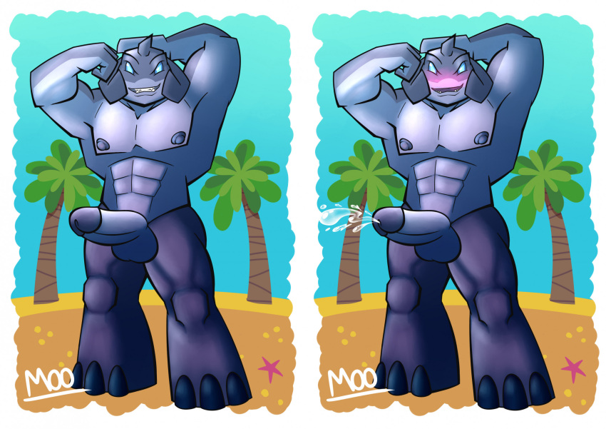 alien alien_humanoid anthro balls biceps big_muscles big_penis blue_body blush bodily_fluids cum digital_media_(artwork) disney ejaculation erection flexing gantu genital_fluids genitals hi_res humanoid lilo_and_stitch male muscular muscular_male nipples nude open_mouth penis simple_background smile solo torito_moo