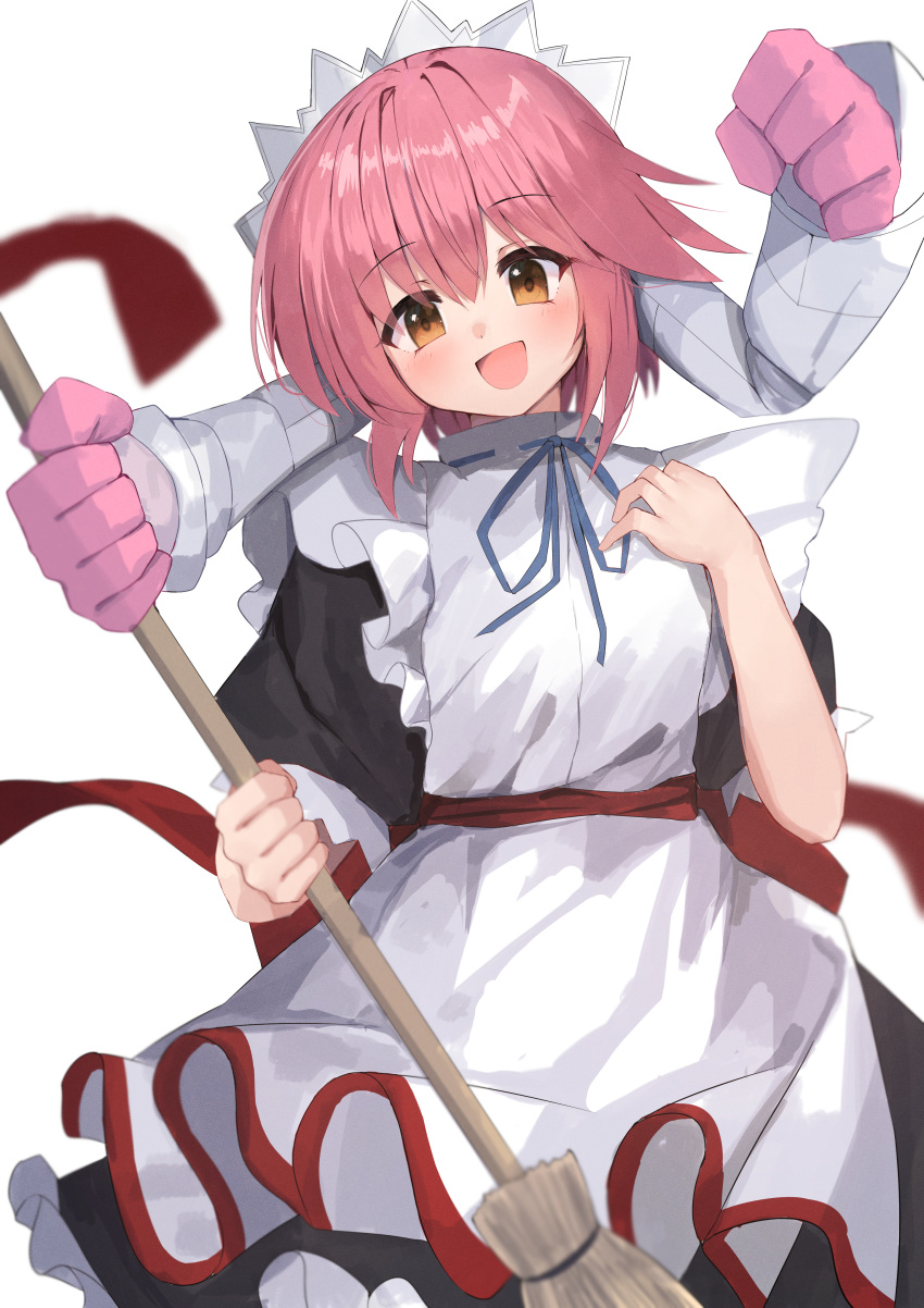 1girl :d absurdres apron black_shirt black_skirt blue_ribbon blurry blush broom commentary cowboy_shot depth_of_field frilled_skirt frills hand_up happy head_tilt highres holding holding_broom long_skirt looking_at_viewer maid maid_apron maid_headdress mechanical_arms moekan neck_ribbon nodoameyatou open_mouth orange_eyes pink_hair puffy_short_sleeves puffy_sleeves red_ribbon ribbon rinia_(moekan) shirt short_hair short_sleeves sidelocks simple_background skirt smile solo white_apron white_background