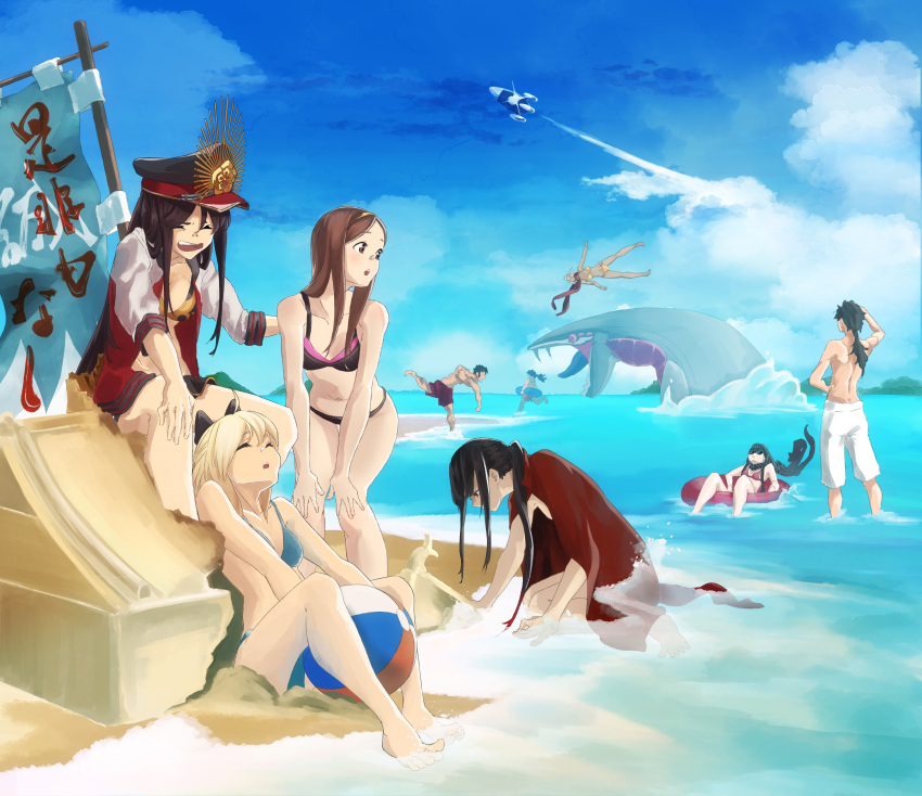 2boys 6+girls :o absurdres aircraft ball barefoot beach beachball bikini black_bikini black_hair blonde_hair blue_bikini blue_sky breasts brown_eyes brown_hair character_request closed_eyes cloud day fate/grand_order fate_(series) floating flying hairband hands_on_own_knees hat highres innertube jacket jojinta letterman_jacket long_hair male_swimwear multiple_boys multiple_girls ocean oda_nobukatsu_(fate) oda_nobunaga_(fate) oda_nobunaga_(koha-ace) oda_uri okita_souji_(fate) okita_souji_(koha-ace) open_mouth outdoors peaked_cap ponytail sand sand_castle sand_sculpture sea_monster short_hair sidelocks sitting sky smile standing surfboard surfing swim_ring swim_trunks swimsuit water