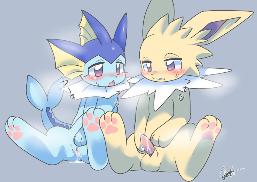 2023 3_fingers 3_toes after_sex anthro blue_body blush bodily_fluids breath cum cum_in_penis cum_in_pussy cum_inside duo eeveelution embarrassed feet female fingers generation_1_pokemon genital_fluids genitals grey_background half-closed_eyes hi_res japanese_text joeri_kunisaki jolteon leaking_pussy looking_at_another looking_at_partner male narrowed_eyes nintendo pawpads penis pokemon pokemon_(species) purple_eyes simple_background sitting spread_legs spreading steam sweat text toes vaporeon yellow_body