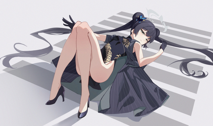 1girl absurdres akipopopopoon bare_legs black_coat black_dress black_footwear black_gloves black_hair blue_archive braid butterfly_hair_ornament china_dress chinese_clothes coat commentary crosswalk dragon_print dress gloves grey_background grey_eyes hair_ornament half_gloves halo high_heels highres kisaki_(blue_archive) knees_up light_frown long_hair looking_at_viewer lying no_panties on_back open_clothes open_coat outstretched_arm shadow short_dress side_slit sidelocks simple_background sleeveless striped_clothes twin_braids twintails vertical-striped_clothes very_long_hair white_halo