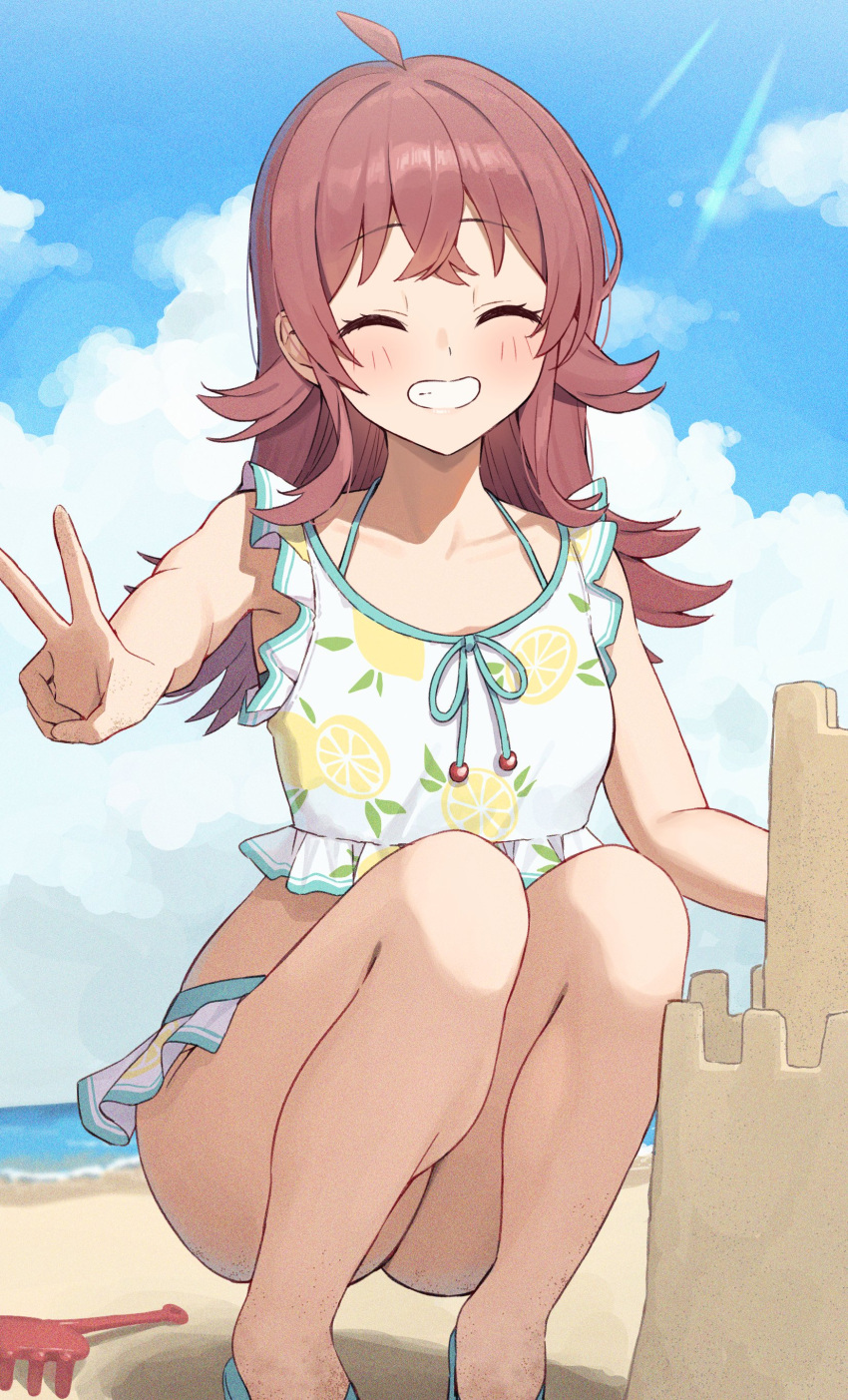 1girl ^_^ absurdres ahoge bare_shoulders beach bikini blue_sky closed_eyes cloud cloudy_sky collarbone commentary_request crossed_bangs day facing_viewer highres horizon idolmaster idolmaster_shiny_colors komiya_kaho lemon_print medium_hair ocean outdoors red_hair sand_castle sand_sculpture sky smile solo squatting swimsuit wanimaru white_bikini