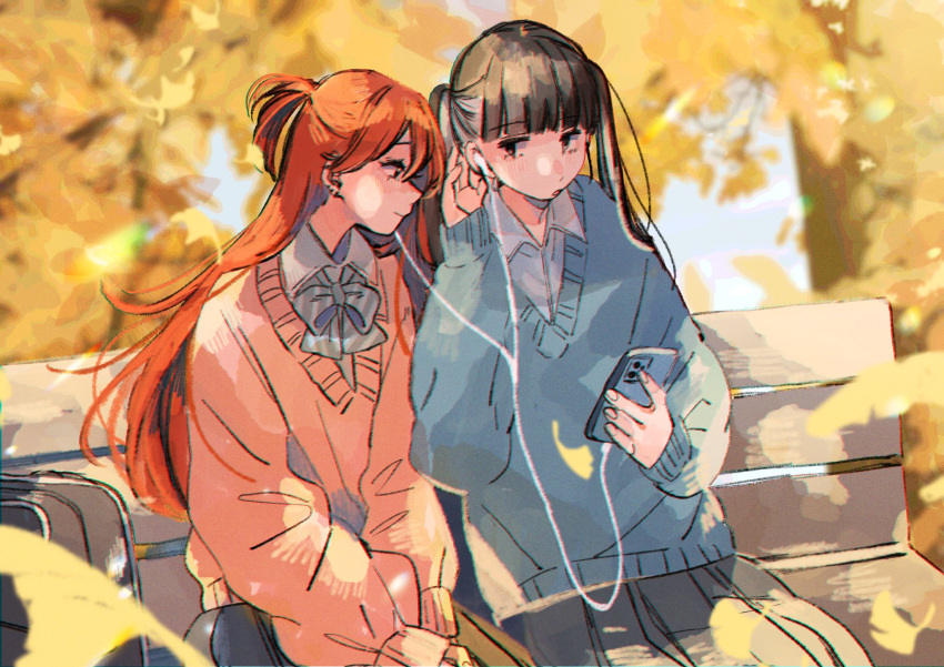 2girls autumn autumn_leaves bag bench black_bag black_eyes black_hair blue_sweater blurry blurry_background blush cellphone chromatic_aberration closed_mouth colored_inner_hair commentary_request earphones earrings grey_hair grey_skirt hair_between_eyes highres holding holding_phone inkya_gyaru_demo_ikigaritai! jewelry kashiwagi_tsukiko kuran_arisa long_hair long_sleeves multicolored_hair multiple_girls ogino_ichiko open_mouth park_bench phone pink_sweater pleated_skirt red_hair school_bag school_uniform shared_earphones sitting skirt smartphone sweater twintails two-tone_hair two_side_up