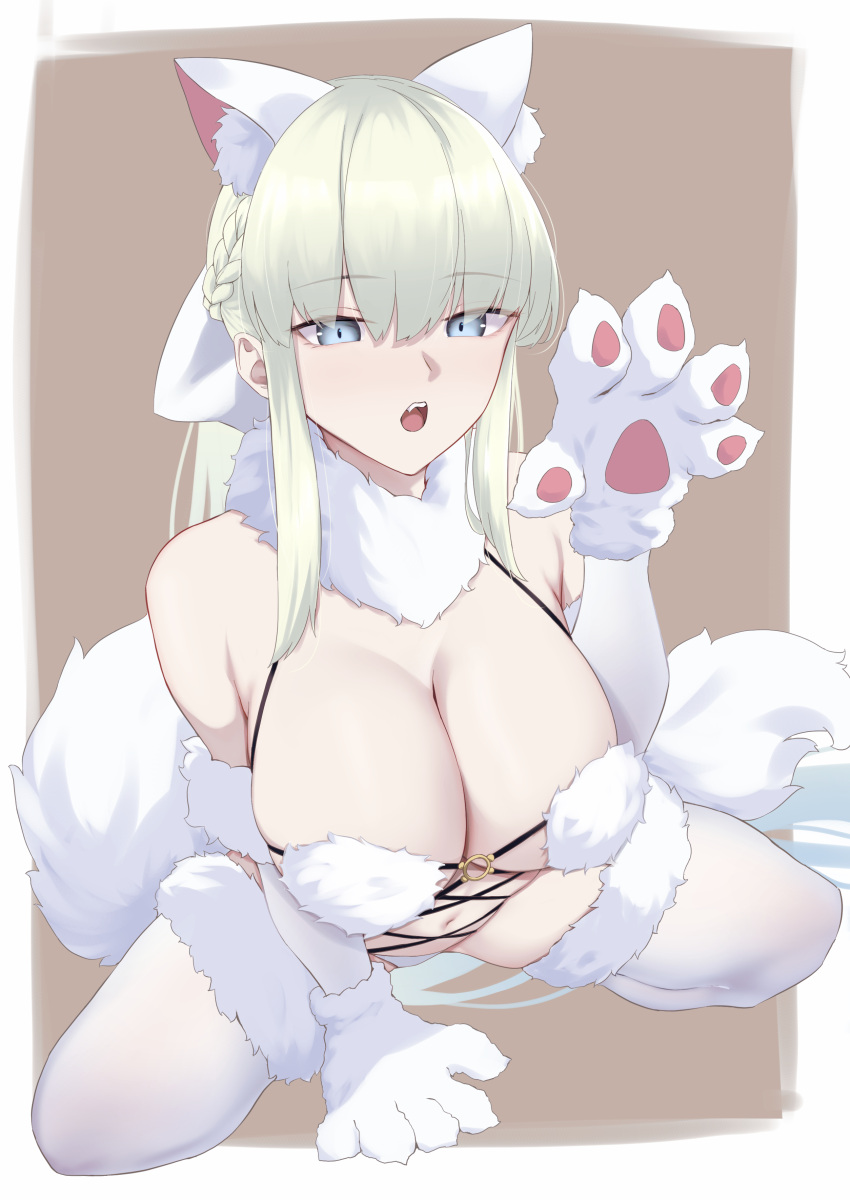 1girl :o absurdres all_fours animal_ear_fluff animal_ears bare_shoulders blonde_hair blue_eyes braid breasts cleavage cosplay fate/grand_order fate_(series) french_braid fringe_trim fur_collar fur_trim gloves highres large_breasts long_hair looking_at_viewer mash_kyrielight mash_kyrielight_(dangerous_beast) mash_kyrielight_(dangerous_beast)_(cosplay) morgan_le_fay_(fate) navel okuma707 pale_skin solo tail thighhighs