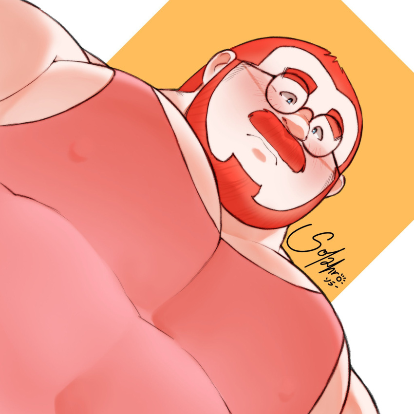 1boy bara beard belly blue_eyes blush buzz_cut covered_nipples facial_hair foreshortening from_below full_beard glasses highres large_pectorals looking_at_viewer looking_down male_focus mature_male meme muscular muscular_male nipples orange_hair original pectoral_cleavage pectoral_focus pectorals photo-referenced pink_tank_top plump round_eyewear short_hair sidepec solahr_(kayashima_soru) solo tank_top tareme thick_eyebrows thick_mustache upper_body very_short_hair yur_oc_like_this_(meme)