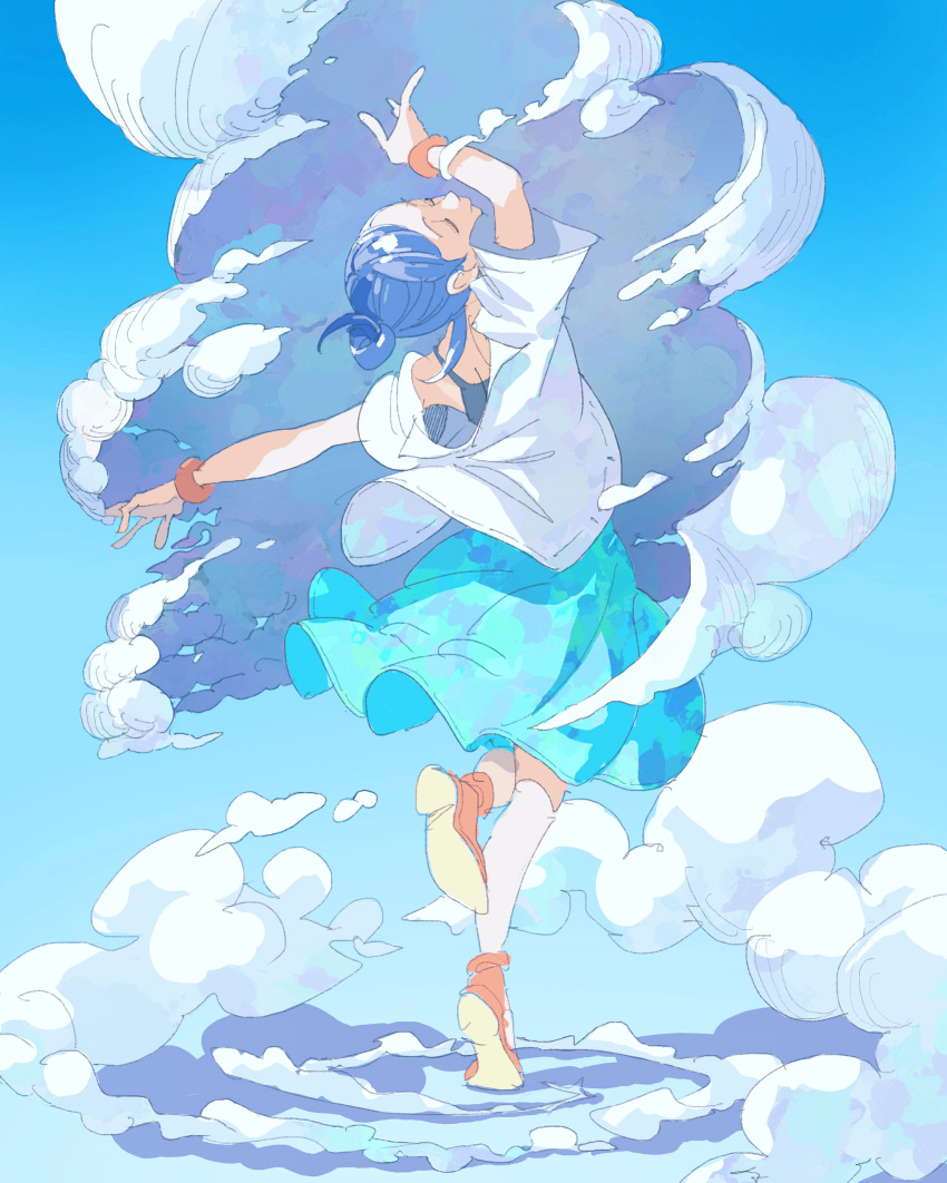 1girl absurdres arm_up blue_hair blue_skirt blue_sky bracelet camisole closed_eyes cloud day facing_up from_behind full_body grey_camisole highres jewelry original pomodorosa shirt shoes short_sleeves skirt sky smoke socks solo standing standing_on_one_leg white_shirt white_socks wristband