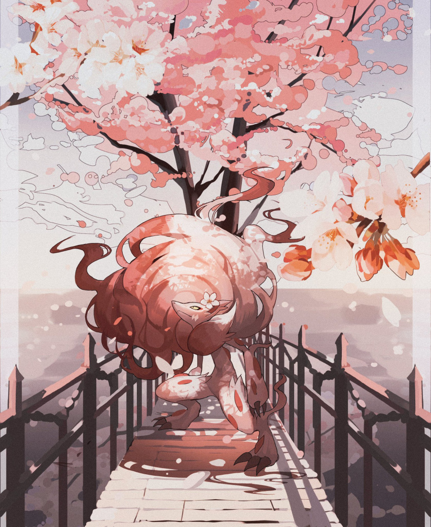 big_hair border bridge cherry_blossoms claws closed_mouth commentary_request falling_petals flower gradient_hair hair_flower hair_ornament highres hisuian_zoroark long_hair multicolored_hair no_humans outside_border petals pillarboxed pokemon pokemon_(creature) red_fur red_hair reo_(mmocc123) standing tree two-tone_hair white_border white_fur white_hair yellow_eyes
