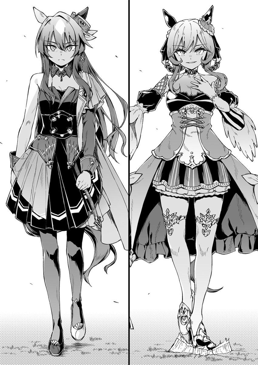 2girls animal_ears asymmetrical_clothes braided_hair_rings breasts capelet ear_covers full_body gentildonna_(umamusume) greyscale hair_between_eyes hair_rings hand_on_own_chest heart-shaped_ornament highres horse_ears horse_girl horse_tail kazushiki_midori large_breasts long_hair monochrome multicolored_hair multiple_girls simple_background single_ear_cover streaked_hair strong tail umamusume verxina_(umamusume) walking white_background