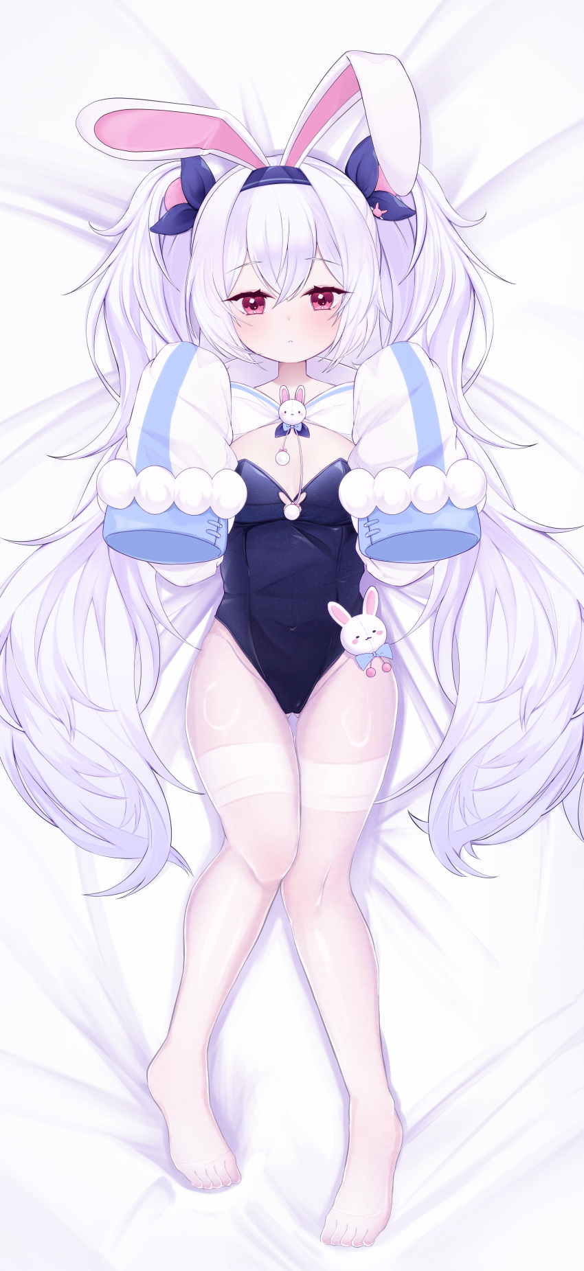 1girl absurdres animal_ear_hairband animal_ears azur_lane blue_hairband blue_leotard breasts covered_navel dakimakura_(medium) fake_animal_ears hair_between_eyes hairband highres laffey_(azur_lane) laffey_ii_(azur_lane) laffey_ii_(sleepy_on_a_busy_day)_(azur_lane) leotard long_hair long_sleeves looking_at_viewer lying nayuha_(nayuleaf) official_alternate_costume pantyhose playboy_bunny rabbit_ears rabbit_o-ring red_eyes small_breasts solo strapless strapless_leotard thighband_pantyhose twintails undersized_breast_cup very_long_hair white_hair white_pantyhose