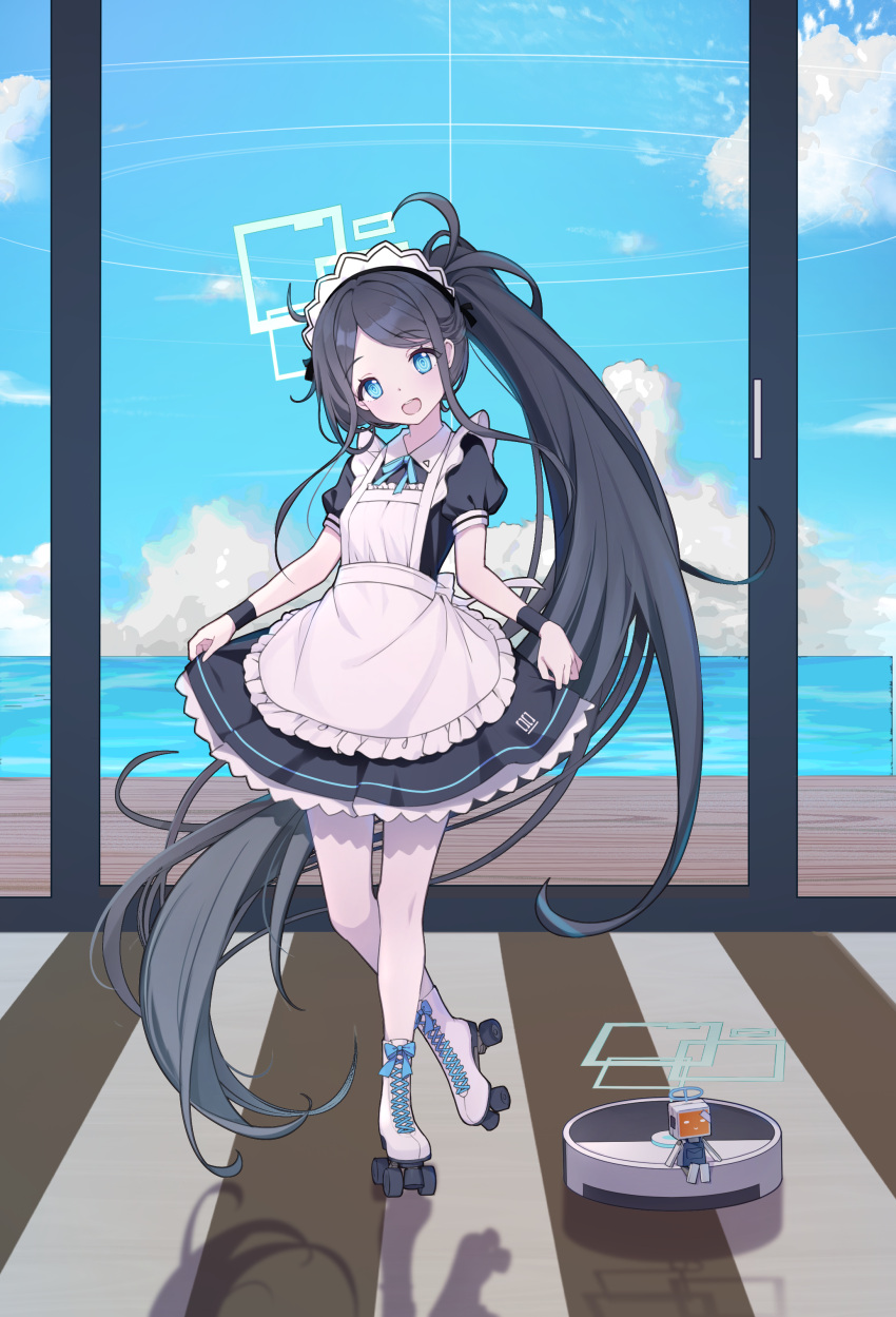 &lt;key&gt;_(robot)_(blue_archive) 1girl absurdly_long_hair absurdres apron aris_(blue_archive) aris_(maid)_(blue_archive) black_dress black_hair blue_archive blue_eyes blue_halo blush dress frilled_apron frilled_sleeves frills full_body halo highres indoors long_hair looking_at_viewer maid maid_apron maid_headdress official_alternate_costume okazakileo open_mouth pantyhose puffy_short_sleeves puffy_sleeves short_sleeves side_ponytail smile solo standing standing_on_one_leg very_long_hair white_apron white_pantyhose