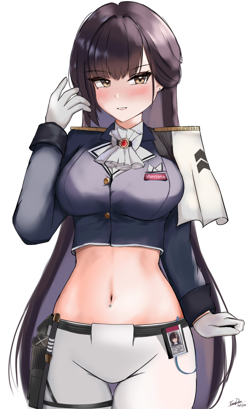 1girl absurdres ascot belt black_belt black_jacket blush breasts brown_eyes brown_hair commentary cowboy_shot crop_top cropped_jacket epaulettes gloves goddess_of_victory:_nikke hand_up highres id_card jacket long_hair long_sleeves looking_to_the_side marciana_(nikke) medium_breasts midriff military_jacket military_uniform name_tag navel navel_piercing pants parted_lips piercing riding_crop simple_background skindentation smile solo standing thigh_gap thigh_strap tight_clothes tight_pants tornadem uniform white_ascot white_background white_gloves white_pants