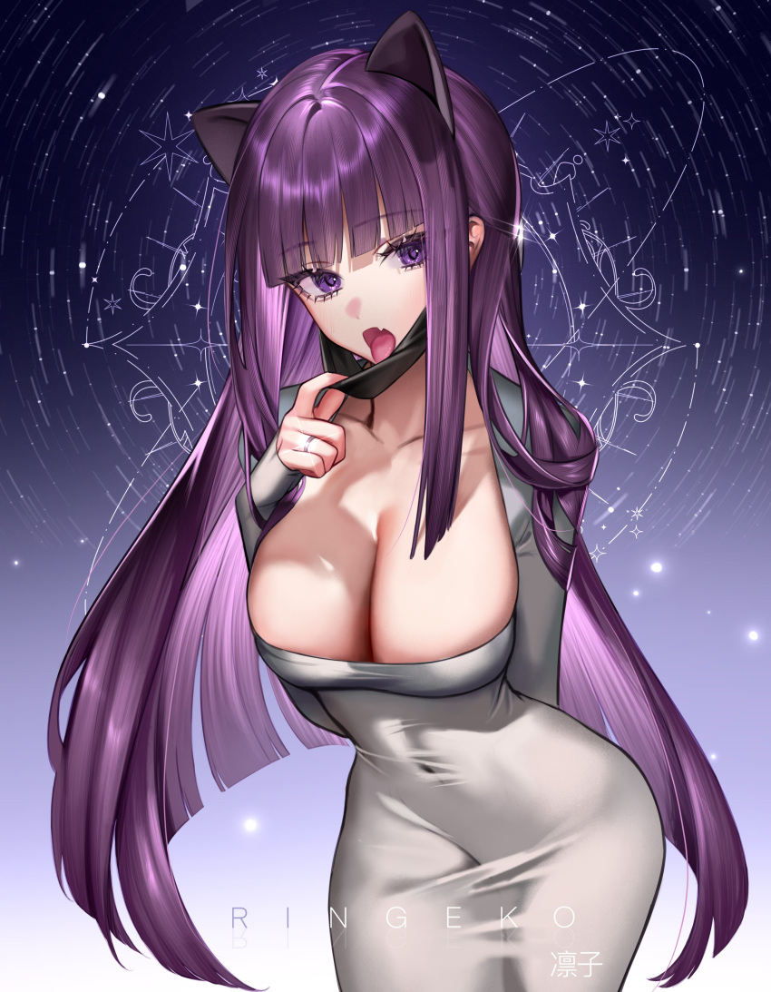 1girl absurdres animal_ears arm_behind_back breasts cat_ears collarbone commentary cowboy_shot dress fake_animal_ears fern_(sousou_no_frieren) grey_dress highres jewelry large_breasts long_hair long_sleeves looking_at_viewer open_mouth purple_eyes purple_hair ring ringeko-chan solo sousou_no_frieren standing tongue tongue_out very_long_hair