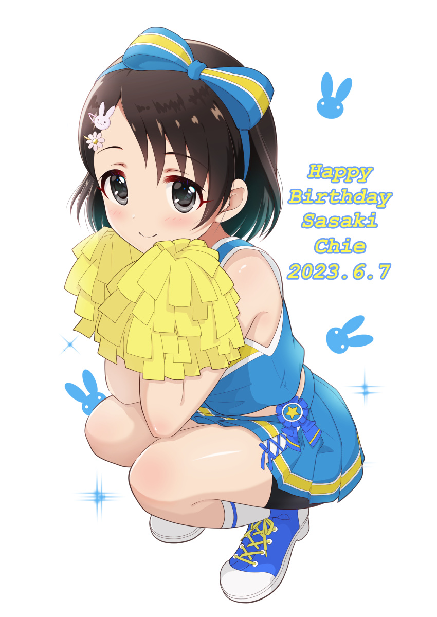 1girl absurdres animal_print bike_shorts bike_shorts_under_skirt blue_shirt blue_skirt blush bow_hairband brown_hair character_name cheerleader commentary_request dated hairband happy_birthday highres holding holding_pom_poms idolmaster idolmaster_cinderella_girls kirinp_u149 looking_at_viewer pleated_skirt pom_pom_(cheerleading) rabbit_print sasaki_chie shirt skirt sleeveless sleeveless_shirt smile solo squatting