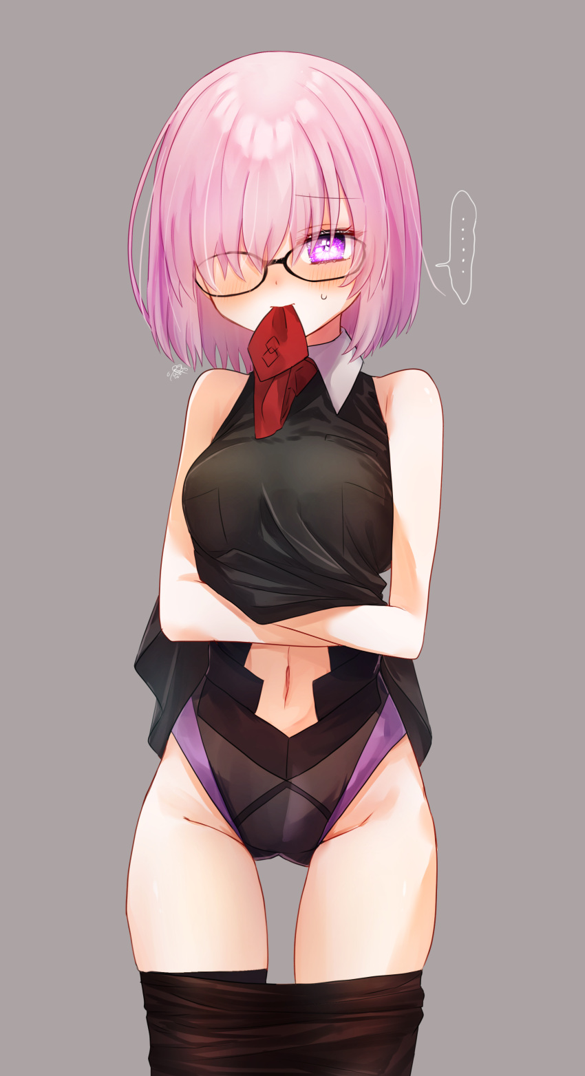 ... 1girl absurdres bare_arms black-framed_eyewear black_dress black_leotard black_pantyhose blush clothes_lift clothes_pull clothing_cutout cowboy_shot dress dress_lift embarrassed fate/grand_order fate_(series) glasses grey_background hair_over_one_eye harukappa highres leotard lifted_by_self mash_kyrielight medium_hair midriff mouth_hold navel necktie pantyhose pantyhose_pull pink_eyes pink_hair red_necktie short_dress simple_background sleeveless sleeveless_dress solo speech_bubble spoken_ellipsis standing stomach stomach_cutout straight_hair sweatdrop thigh_gap