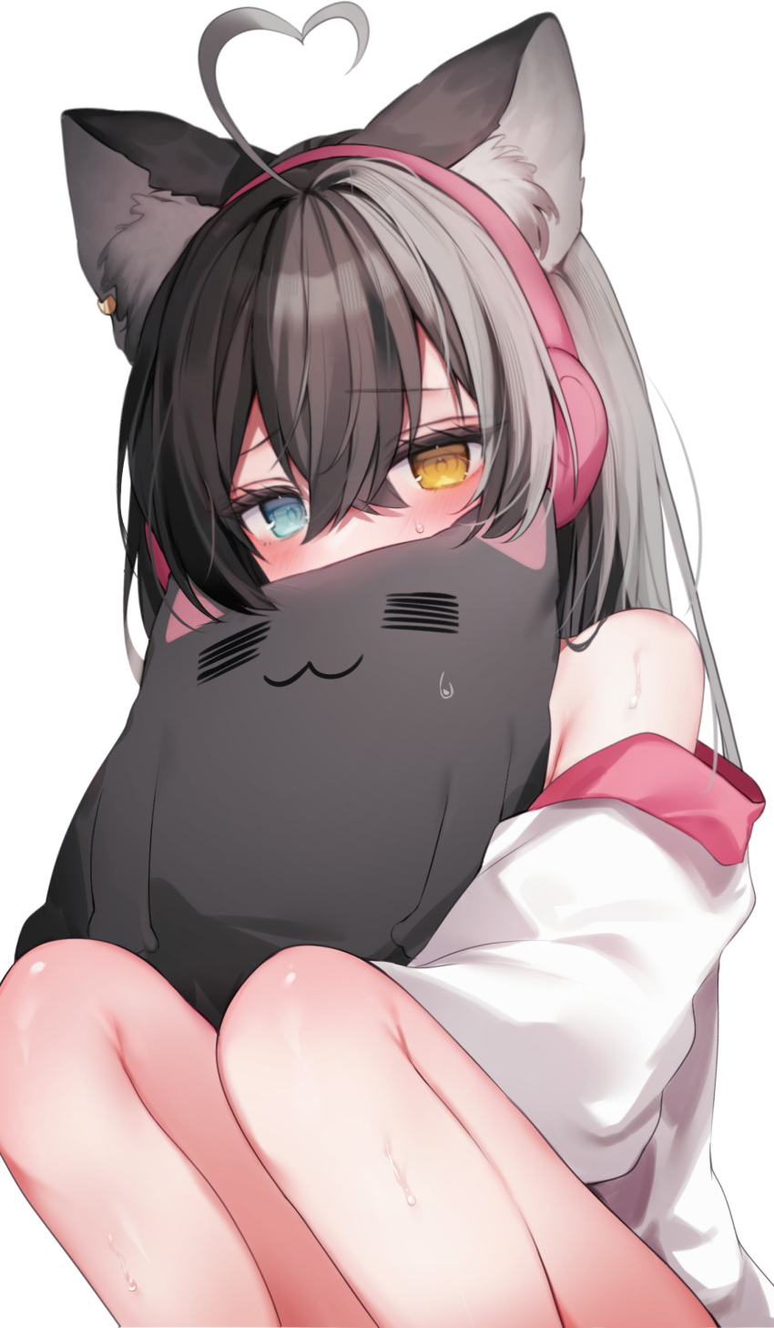 1girl absurdres animal_ear_fluff animal_ears black_hair blue_eyes cat-shaped_pillow commission covered_mouth fox_ears fox_girl grey_hair headphones heterochromia highres hugging_object long_hair looking_at_viewer multicolored_hair off_shoulder original pillow pillow_hug pixiv_commission shirt shy sweat two-tone_hair white_shirt yellow_eyes yonako_(123456nya)