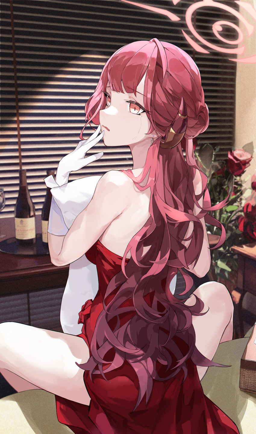 1girl absurdres aru_(blue_archive) aru_(dress)_(blue_archive) blue_archive blue_eyes bottle breasts brown_horns cup demon_horns dress drinking_glass earrings flower gloves gong_cha halo highres horns indoors jewelry large_breasts long_hair official_alternate_costume pink_hair pink_halo red_dress red_flower red_rose rose sitting solo strapless strapless_dress white_gloves wine_glass yellow_eyes