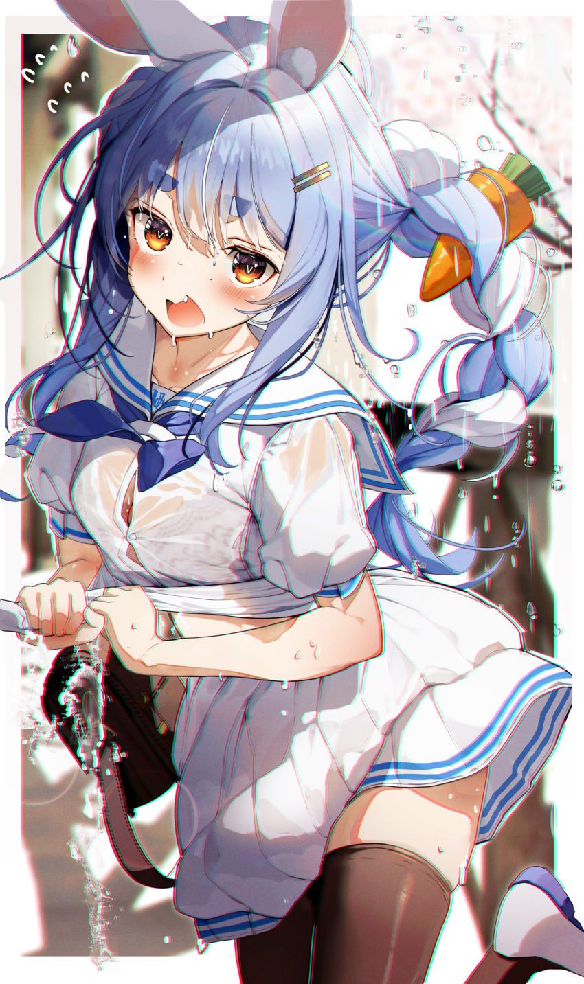 1girl absurdres animal_ear_fluff animal_ears bag black_thighhighs blue_hair blue_neckerchief blurry blurry_background blush border bra_visible_through_clothes braid breasts carrot_hair_ornament chromatic_aberration collarbone fang flying_sweatdrops food-themed_hair_ornament hair_ornament hairclip haruhina_purple highres hololive leg_up midriff_peek neckerchief open_mouth outside_border pleated_skirt rabbit-shaped_pupils rabbit_ears sailor_collar school_bag see-through shirt short_eyebrows short_sleeves skirt small_breasts solo symbol-shaped_pupils thick_eyebrows thighhighs twin_braids usada_pekora virtual_youtuber water wet wet_clothes white_border white_footwear white_sailor_collar white_shirt white_skirt wringing_clothes yellow_eyes