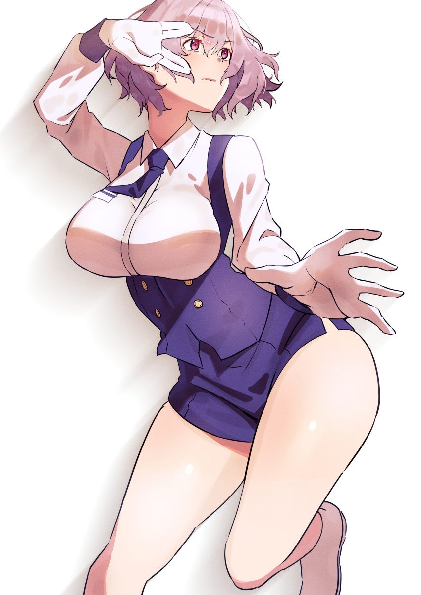 1girl absurdres bare_legs blue_necktie breasts closed_mouth commentary_request cruzango0510 gloves gridman_universe highres large_breasts long_sleeves mujina necktie purple_shorts red_eyes shadow shirt shoes short_hair short_necktie shorts simple_background solo ssss.dynazenon thighs underbust white_background white_footwear white_gloves white_shirt