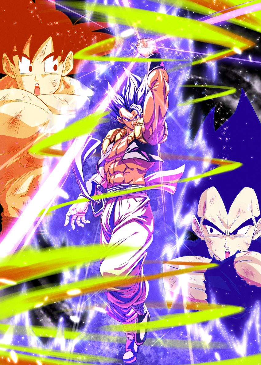 abs absurdres arm_up aura black_footwear clenched_hand commentary_request dragon_ball dragon_ball_super dragon_ball_super_broly fusion fusion_dance gogeta highres metamoran_vest multiple_boys muscular muscular_male open_mouth pants pectorals sekitsuki_hayato son_goku spiked_hair super_saiyan super_saiyan_blue topless_male torn torn_clothes vegeta white_pants