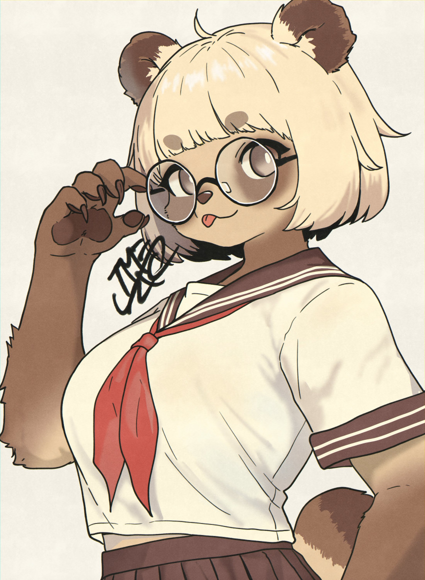 1girl :3 :p absurdres adjusting_eyewear animal_ears animal_nose artist_name blonde_hair blunt_bangs bob_cut body_fur bright_pupils brown_eyes brown_sailor_collar brown_skirt closed_mouth commentary film_grain furry furry_female glasses grey_background highres looking_at_viewer neckerchief original pawpads pleated_skirt raccoon_ears raccoon_girl raccoon_nose raccoon_tail red_neckerchief round_eyewear sailor_collar school_uniform serafuku shirt short_hair short_sleeves signature simple_background skirt solo symbol-only_commentary tail tanuki thick_eyebrows tomochiso tongue tongue_out white_pupils white_shirt