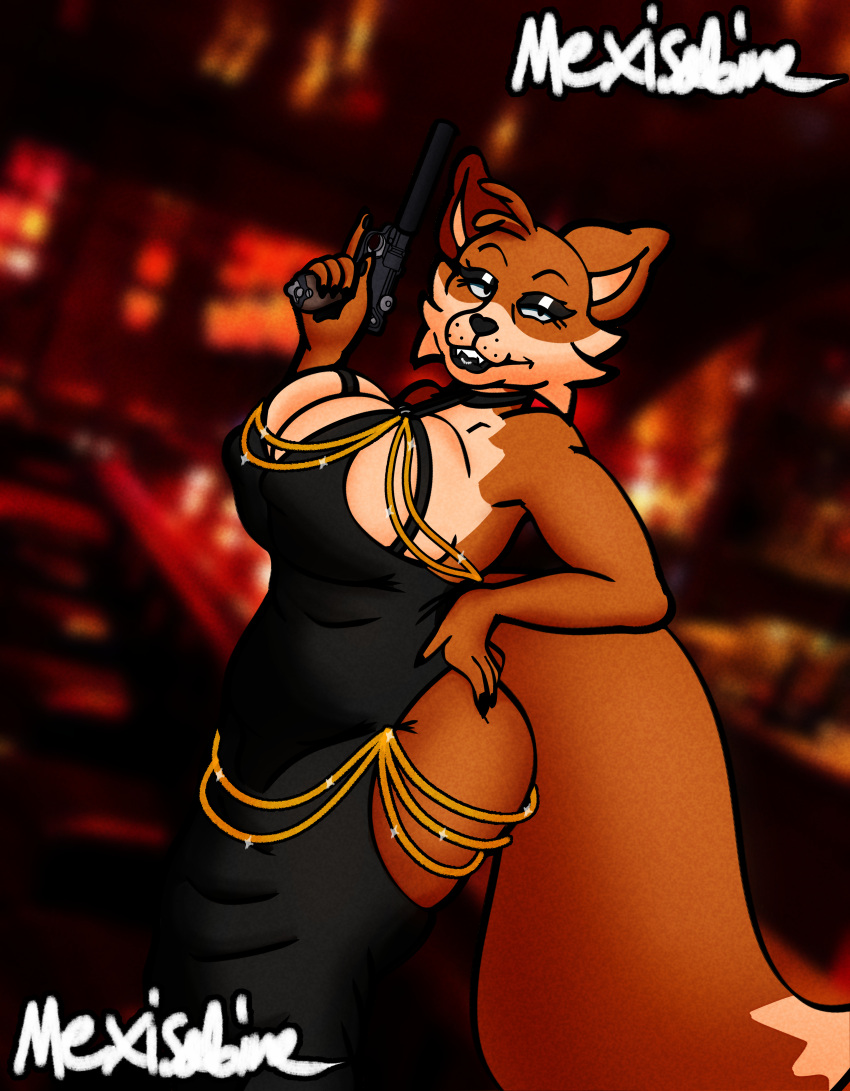absurd_res anthro bare_shoulders bedroom_eyes big_breasts big_butt big_ears big_tail bite biting_lip black_clothing black_dress breasts butt canid canine claws cleavage clothed clothing curvy_figure dress eyeliner eyeshadow fangs female fox gold_(metal) gold_jewelry gun half-closed_eyes handgun hands_on_hips head_tuft hi_res holding_object holding_weapon huge_breasts jewelry karen_the_fox_(mexisabine) lips lipstick makeup mammal meme meme_clothing mexisabine nails narrowed_eyes pawpads pistol ranged_weapon red_fox seductive slightly_chubby smile smirk solo tail teeth thick_bottom_lip trans_(lore) trans_woman_(lore) true_fox tuft voluptuous weapon wide_hips