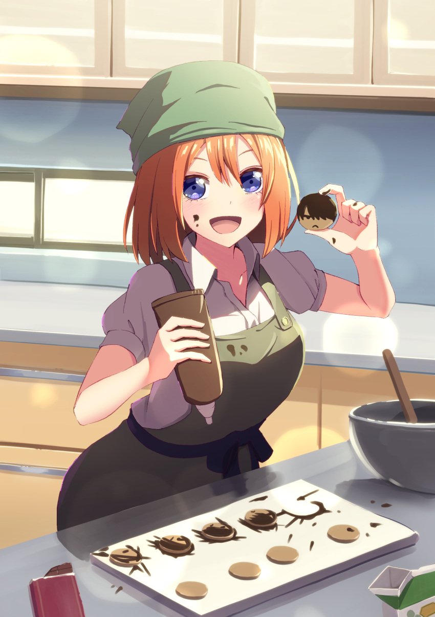 1girl :&lt; :d absurdres alternate_costume blue_eyes blush character_print chocolate chocolate_on_face collared_shirt commentary cookie cooking cowboy_shot eyelashes food food_on_face go-toubun_no_hanayome green_overalls hair_between_eyes hands_up happy highres holding holding_cookie holding_food indoors jitome kitchen lens_flare looking_at_viewer medium_hair nakano_yotsuba open_mouth orange_hair puffy_short_sleeves puffy_sleeves shirt short_sleeves smile solo straight_hair uesugi_fuutarou valentine white_shirt yasuba_yuichi