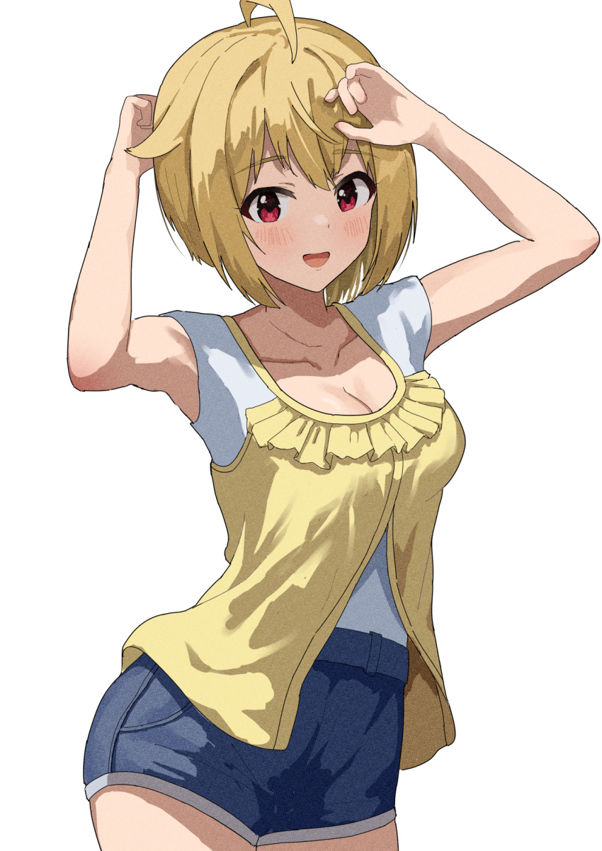 1girl ahoge belt blonde_hair blush breasts cleavage collarbone cowboy_shot dot_nose ebifu eyelashes flipped_hair frilled_shirt frills furrowed_brow hair_between_eyes hands_on_own_head hands_up highres ibuki_tsubasa idolmaster idolmaster_million_live! idolmaster_million_live!_theater_days large_breasts looking_at_viewer open_mouth red_eyes shirt short_hair short_sleeves shorts sidelocks simple_background smile solo white_background yellow_shirt