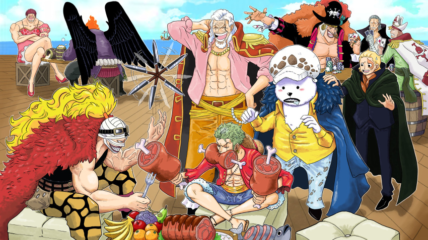 6+boys absurdres apple banana barrel bear benn_beckman bepo black_wings blonde_hair blue_coat blue_shorts boned_meat braddy_art cape card charlotte_katakuri charlotte_linlin charlotte_linlin_(cosplay) coat coat_on_shoulders cosplay crossed_legs devil_fruit earrings edward_newgate edward_newgate_(cosplay) epaulettes eustass_kid eustass_kid_(cosplay) fish food food_in_mouth fork fruit fur_coat goggles goggles_on_head gol_d._roger gol_d._roger_(cosplay) green_cape green_hair green_sash grey_hair hat highres holding holding_card holding_food holding_fork jewelry kaidou_(one_piece) kaidou_(one_piece)_(cosplay) killer_(one_piece) king_(one_piece) knife long_hair male_focus marco_(one_piece) marshall_d._teach marshall_d._teach_(cosplay) meat monkey_d._dragon monkey_d._dragon_(cosplay) monkey_d._luffy monkey_d._luffy_(cosplay) multiple_boys multiple_rings muscular muscular_male necklace ocean one_piece open_clothes open_mouth orange_(fruit) outdoors pink_shirt pirate_hat playing_card poker_chip ponytail red_coat red_hair ring rope roronoa_zoro sabo_(one_piece) sash scar scar_across_eye scar_on_chest scar_on_face scar_on_leg shanks_(one_piece) shanks_(one_piece)_(cosplay) shimenawa ship shirt shiryuu_(one_piece) short_hair shorts silvers_rayleigh sitting sweatdrop table trafalgar_law trafalgar_law_(cosplay) watercraft white_coat white_hair white_headwear wings yellow_shirt