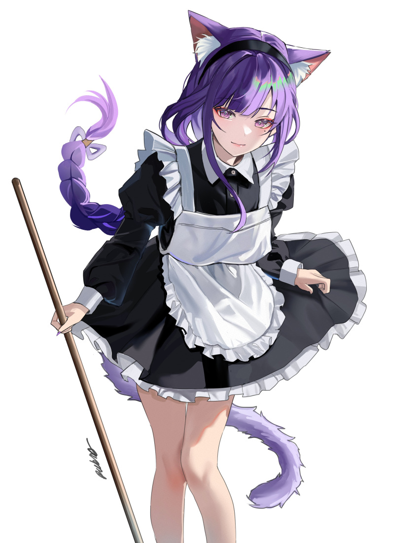 1girl absurdres alternate_costume animal_ear_fluff animal_ears apron black_dress cat_ears cat_girl cat_tail closed_mouth commentary dress enmaided frilled_apron frilled_dress frills genshin_impact highres holding holding_staff juliet_sleeves kemonomimi_mode long_hair long_sleeves looking_at_viewer low-braided_long_hair low-tied_long_hair maid maid_apron mole mole_under_eye puffy_sleeves purple_eyes purple_hair raiden_shogun rudang simple_background smile solo staff standing tail white_apron white_background