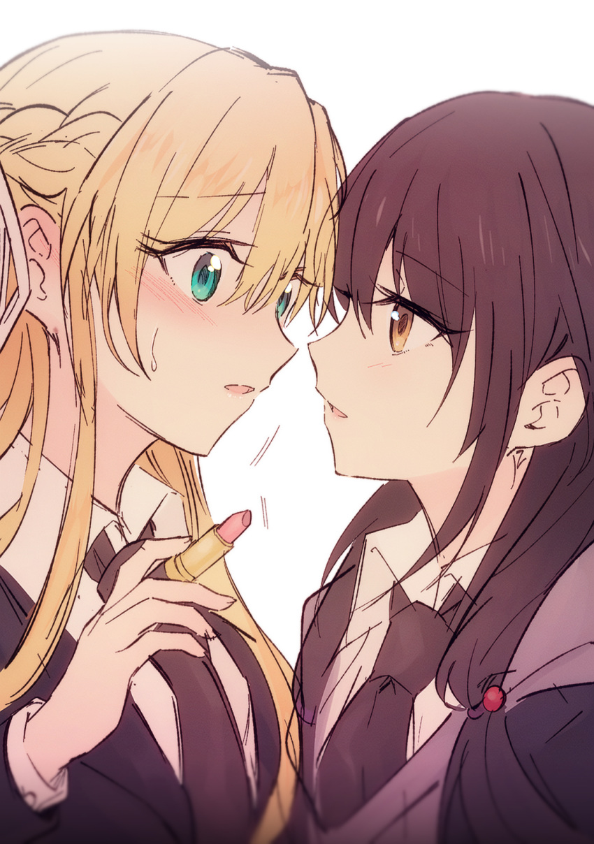 2girls black_jacket blazer blonde_hair blush braid french_braid green_eyes heaven_burns_red highres imminent_kiss jacket lipstick long_hair makeup multiple_girls necktie opi toujou_tsukasa yellow_eyes yuri