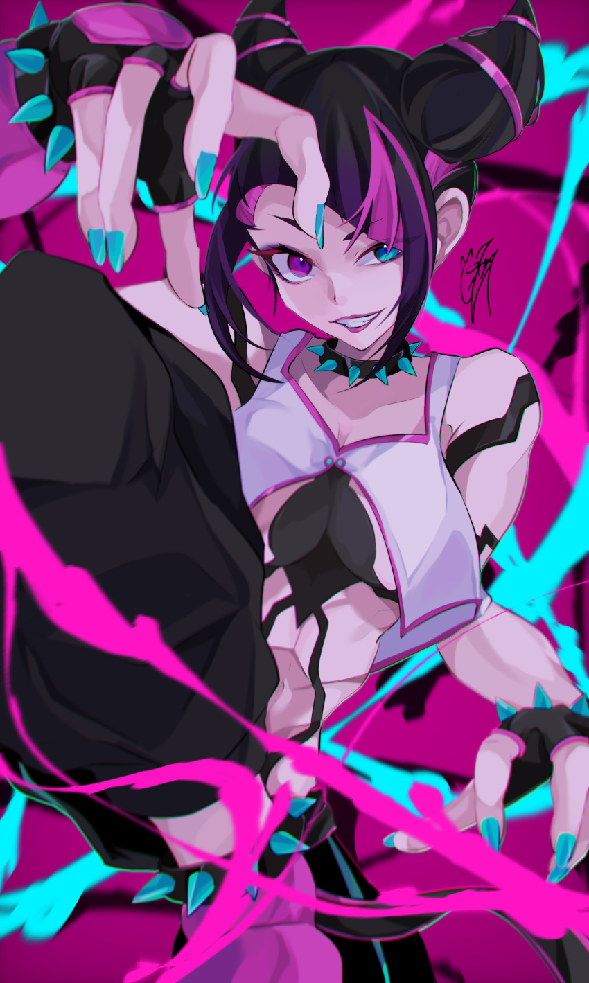 1girl absurdres black_hair bracelet breasts collar drill_hair fingerless_gloves gloves goma_irasuto hair_horns han_juri highres jewelry large_breasts looking_at_viewer multicolored_eyes multicolored_hair nail_polish navel pink_background purple_eyes short_hair smile solo spiked_anklet spiked_bracelet spiked_collar spikes street_fighter street_fighter_6 twin_drills
