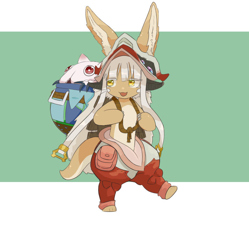 2others :3 animal_ears body_fur carrying carrying_person creature ears_through_headwear fake_horns furry furry_other helmet highres horned_helmet horns i_u_d_e_x in_pot made_in_abyss mitty_(made_in_abyss) multicolored_pants multiple_others nanachi_(made_in_abyss) other_focus pants puffy_pants simple_background whiskers