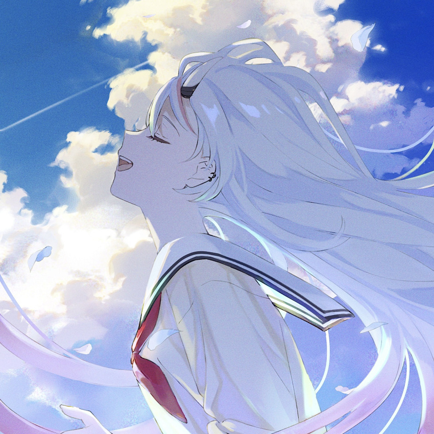 1girl :d album_cover blue_sky closed_eyes cloud cloudy_sky contrail cover cumulonimbus_cloud ear_piercing facing_up floating_hair hand_up highres hololive horns long_hair nakiri_ayame neckerchief official_art open_mouth piercing portrait profile red_neckerchief sailor_collar school_uniform shirt sidelocks sky smile solo teeth textless_version upper_teeth_only virtual_youtuber white_hair white_sailor_collar white_shirt wind yuribou