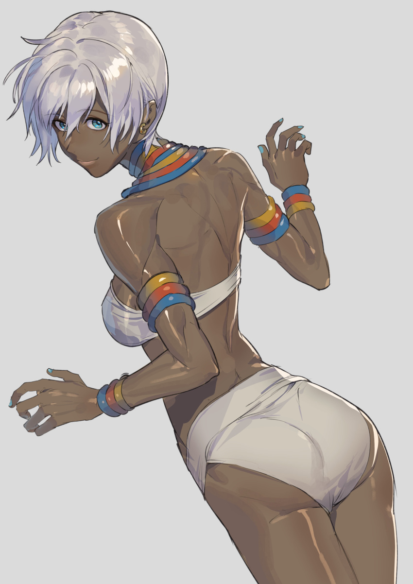 1girl absurdres bikini blue_eyes blue_nails bracelet cowboy_shot dark-skinned_female dark_skin earrings elena_(street_fighter) hair_between_eyes highres jewelry short_hair smile solo street_fighter swimsuit tanakalma turning_head white_bikini white_hair