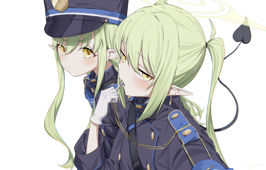 2girls absurdres artist_name black_tail blue_archive blue_hat blue_jacket blush buttons closed_mouth demon_tail double-breasted earrings frown gloves green_hair green_halo hair_between_eyes halo hand_up hat highres hikari_(blue_archive) jacket jewelry long_hair long_sleeves looking_at_viewer looking_to_the_side multiple_girls nozomi_(blue_archive) open_mouth peaked_cap pointy_ears sidelocks signature simple_background sleeve_cuffs tail twintails upper_body v-shaped_eyebrows white_background white_gloves yellow_eyes yo_na